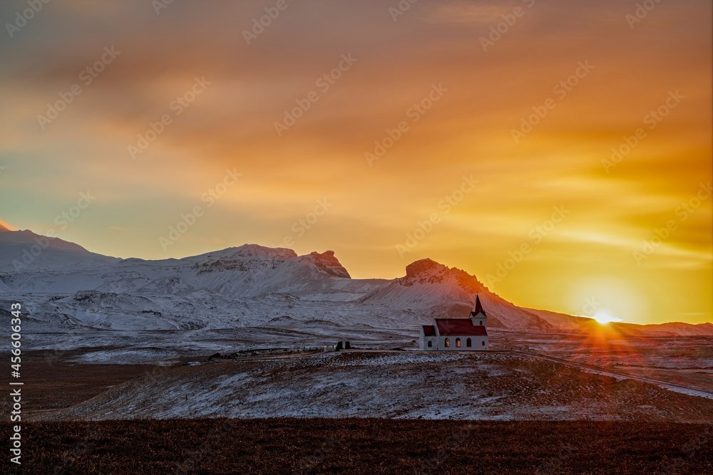 Ingjaldsholskirkja in Snaefellsnes peninsula at sunset, Iceland