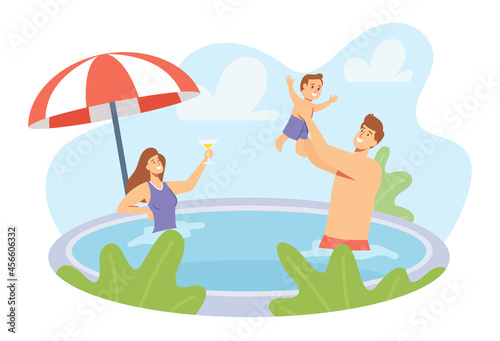 Happy Family Holidays. Young Parents and Little Child Characters Playing in Swimming Pool. Father Splashing with Son