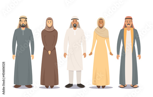Arab People Male and Female Characters. Saudi Men Wear Thawb or Kandura, Women in Hijab or Abaya Traditional Clothes