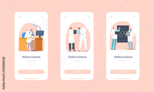 Online Science Mobile App Page Onboard Screen Template. Scientists Conduct Research or Experiment in Laboratory