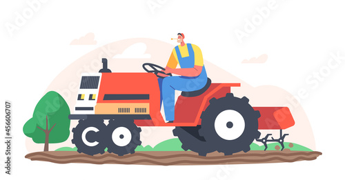 Senior Farmer in Cap and Overalls Work on Tractor Plow the Land on Farm. Worker Male Character Agricultural Worker