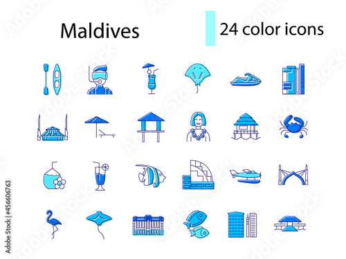 Maldives attractions outline icons set. National attributes. Stingray and coconut drink. Isolated vector illustration