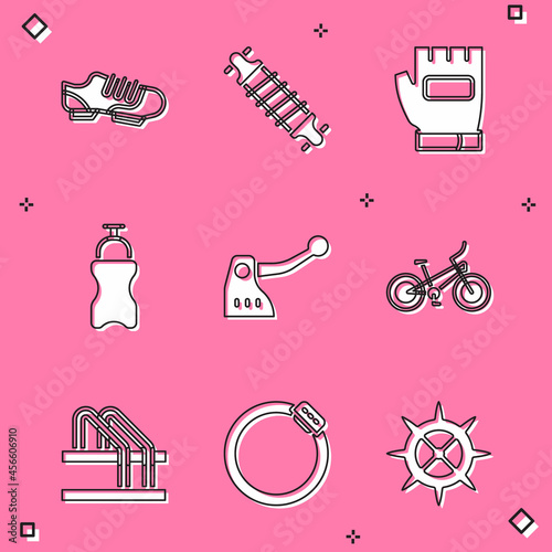 Set Bicycle shoes, suspension, Gloves, Sport bottle with water, brake, parking and disc icon. Vector