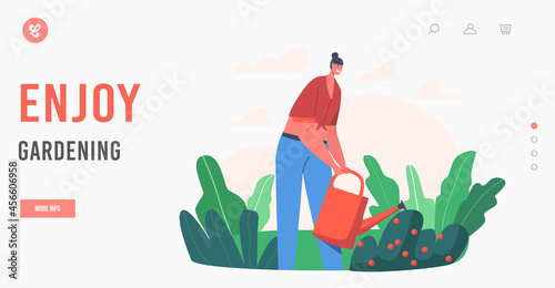 Happy Girl Enjoy Gardening, Landing Page Template. Farmer Woman Watering and Caring of Bush, Horticulture Hobby