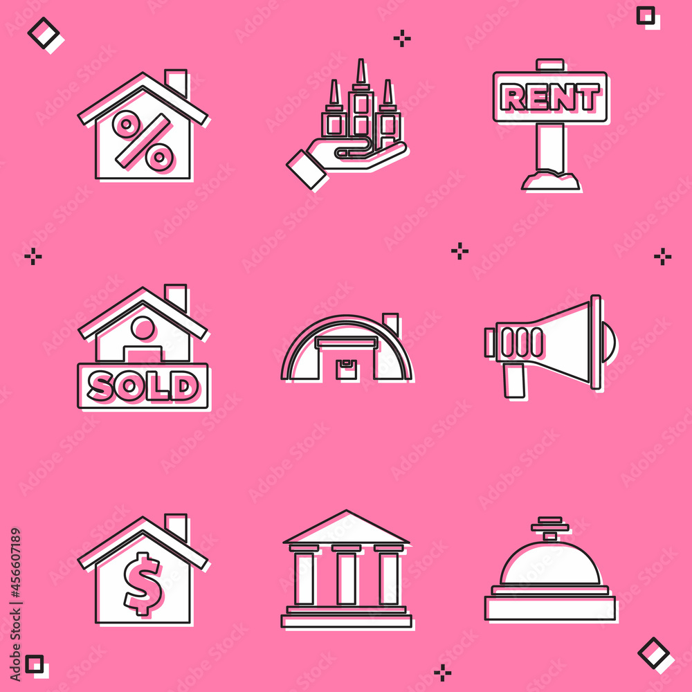 Set House with percant discount, Skyscraper, Hanging sign Rent, text Sold, Warehouse, Megaphone, dollar symbol and Museum building icon. Vector
