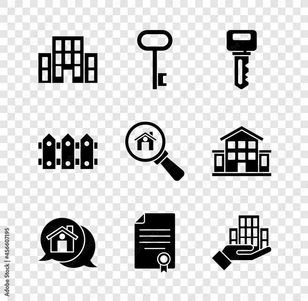 Set House, key, Real estate message house, contract, Skyscraper, Garden fence wooden and Search icon. Vector Set House, key, Real estate message house, contract, Skyscraper, Garden fence wooden and Search icon. Vector