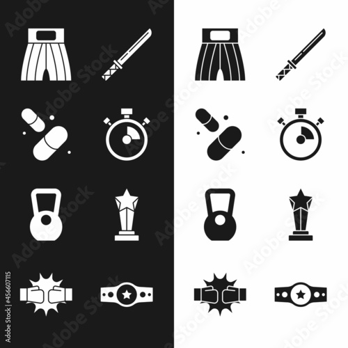Set Stopwatch, Vitamin pill, Boxing short, Japanese katana, Kettlebell, Award cup, belt and Punch boxing gloves icon. Vector