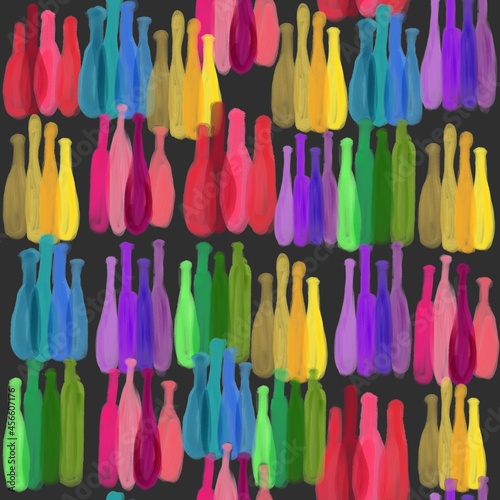 Bottle silhouette, bright seamless pattern with multicolored wine bottles.