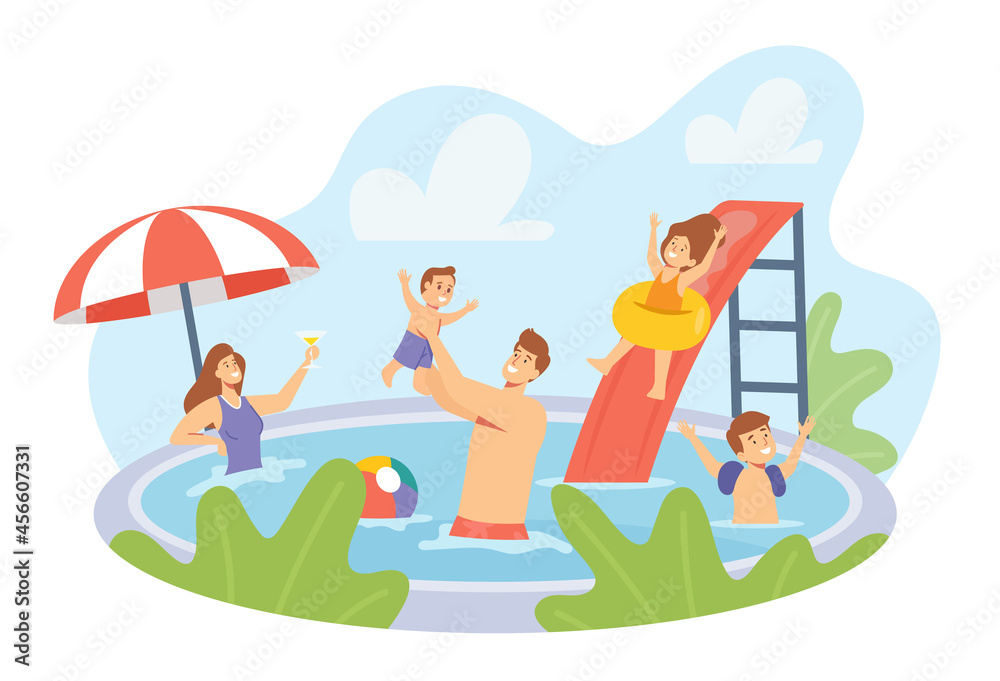 Happy Family Characters Having Rest in Swimming Pool. Mother, Father and Children Swim and Enjoy Recreation at Hotel