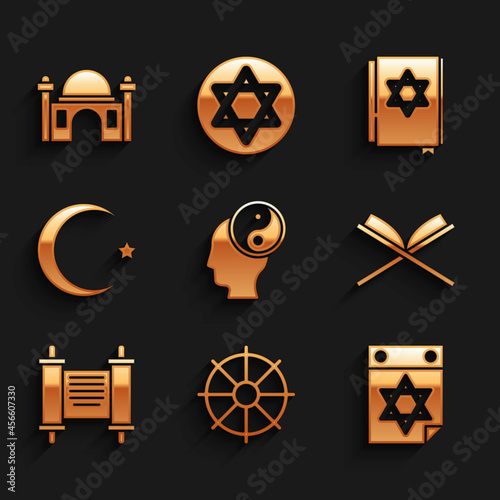 Set Yin Yang, Dharma wheel, Jewish calendar, Holy book of Koran, Decree, paper, parchment, scroll, Star and crescent, torah and Muslim Mosque icon. Vector