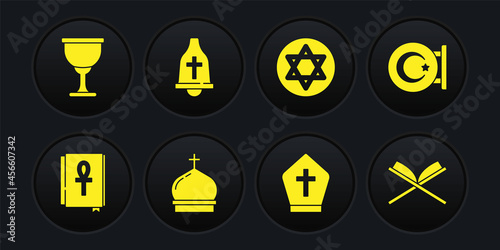 Set Cross ankh book, Star and crescent, Church tower, Pope hat, of David, bell, Holy Koran and grail chalice icon. Vector