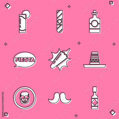 Set Tequila glass with lemon, Cigar, bottle, Fiesta, Hot chili pepper pod, Mexican sombrero, skull coin and Mustache icon. Vector