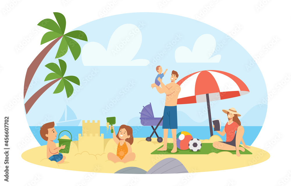 Happy Family Characters on Summer Beach. Mother, Father, Daughter and Son Building Sand Castle and Playing at Seaside