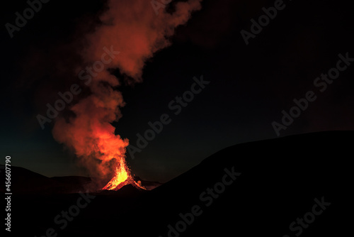Fagradalsfjall volcanic eruption in the night before sunrise in Reykjanes peninsula around 40 kilometres from Reykjavik, Iceland