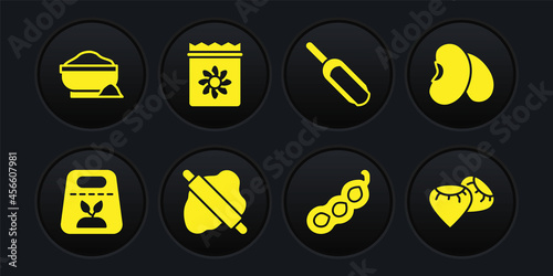 Set Pack full of seeds of plant, Beans, Rolling pin on dough, Green peas, Scoop flour, Seed and Flour bowl icon. Vector