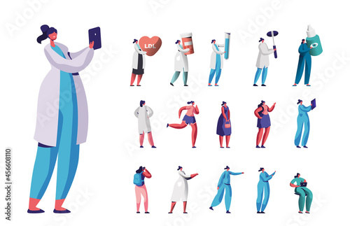 Set of Women Medicine Doctor or Nurse with Smartphone, Heart and Pills, Glass Flask, Eye Drops. Sport and Travel