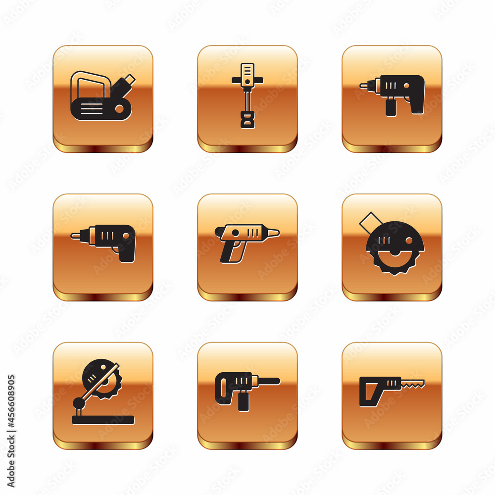 Set Electric planer tool, Table saw for woodwork, drill machine, cordless screwdriver, Reciprocating and Electrical hand concrete mixer icon. Vector Set Electric planer tool, Table saw for woodwork, drill machine, cordless screwdriver, Reciprocating and Electrical hand concrete mixer icon. Vector
