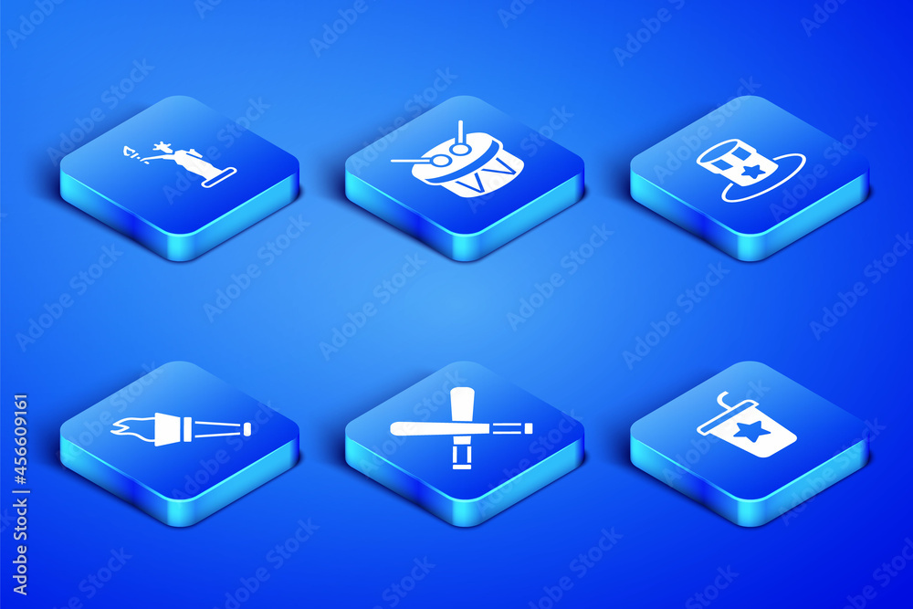Set Paper glass with straw, Statue of Liberty, Crossed baseball bat, Torch flame, Drum and drum sticks and Patriotic American top hat icon. Vector Set Paper glass with straw, Statue of Liberty, Crossed baseball bat, Torch flame, Drum and drum sticks and Patriotic American top hat icon. Vector