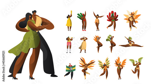 Set of Brazilian Carnival Male and Female Characters in Costumes, Latino Women in Feather Bikini Dress Dance at Festival