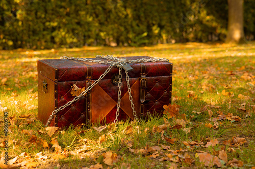 Obraz na plátně treasure chest quest purpose in fairy autumn forest outdoor place fable concept