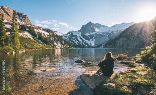 Hike woman sitting in front of Lake Snowmass Colorado Aspen  photo