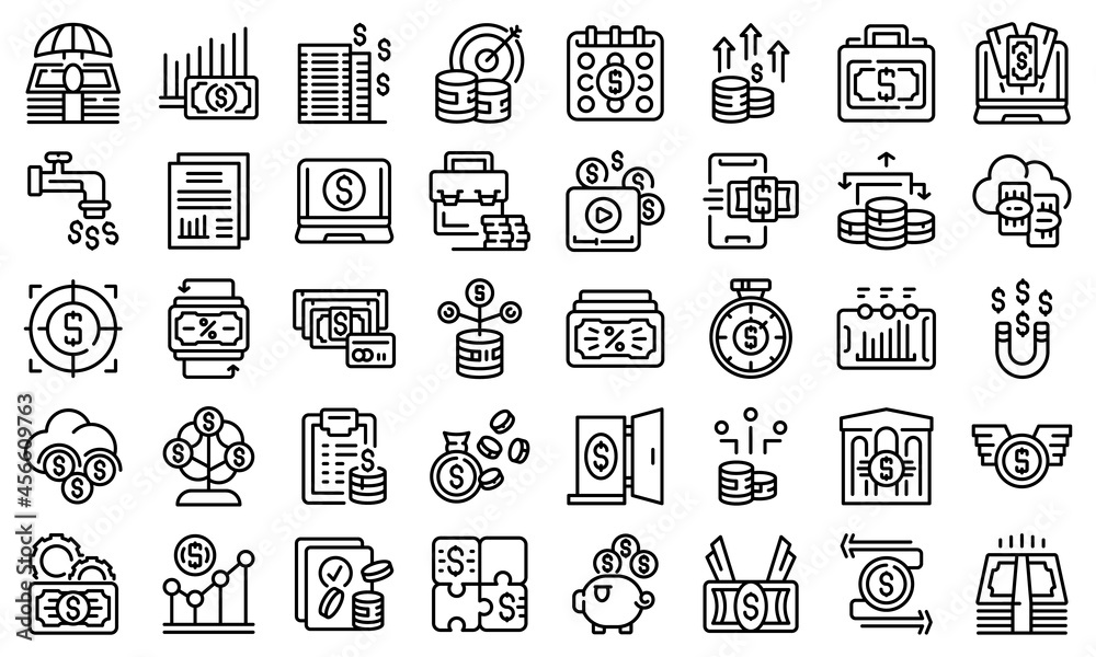 Passive income icons set outline vector. Money fund. Cost invest