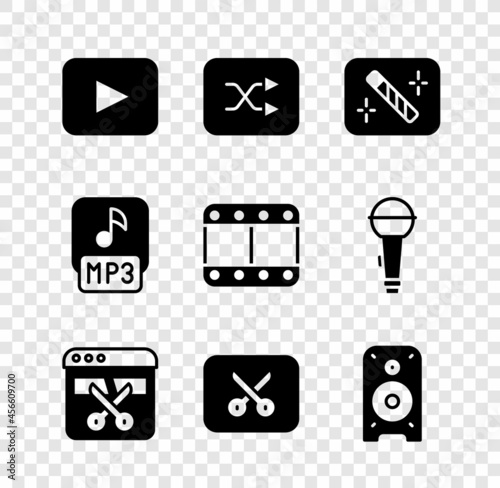 Set Play button, Arrow shuffle, Photo retouching, Video recorder or editor, Music video editing, Stereo speaker, MP3 file and icon. Vector © vector_v