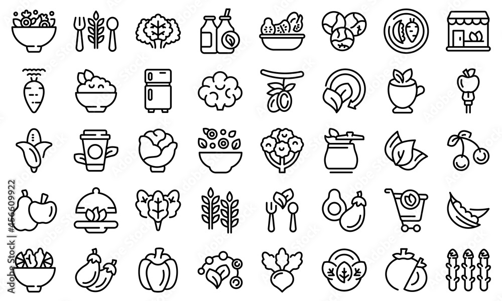 Vegetarianism icons set outline vector. Vegan fruit. Diet broccoli