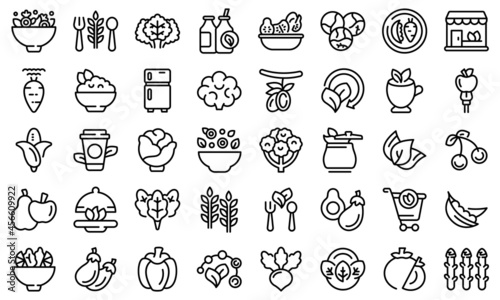 Vegetarianism icons set outline vector. Vegan fruit. Diet broccoli