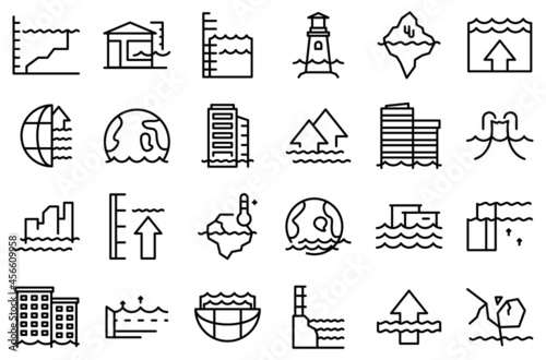 Sea level rise icons set outline vector. Water nature. Climate disaster