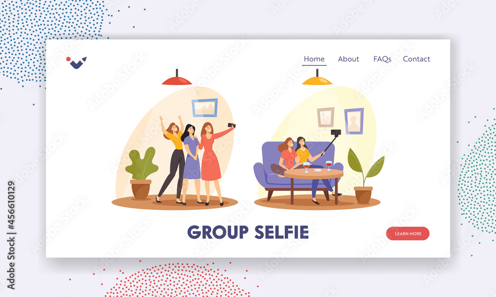 Group Selfie Landing Page Template. Happy Girl Friends Company Having Fun Photographing on Smartphone, Girlfriends Relax