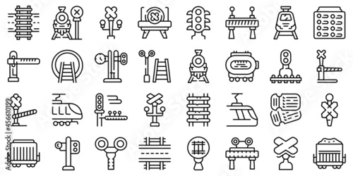 Railway crossing icons set outline vector. Railroad signal. Alert gate