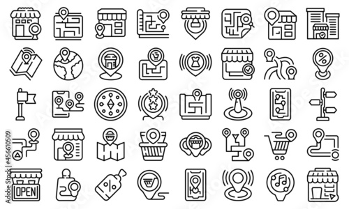 Store locator icons set outline vector. Travel area. Market map