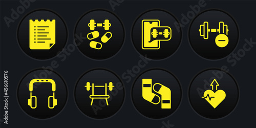 Set Headphones, Dumbbell, Bench with barbell, Socks, Fitness app, Sports doping dumbbell, Heartbeat increase and training program icon. Vector