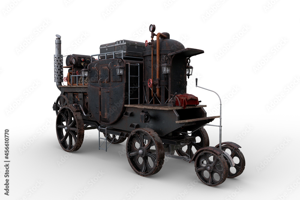 3D rendering of a Steampunk style steam powered carriage with luggage on  top isolated on a white background. Illustration Stock | Adobe Stock