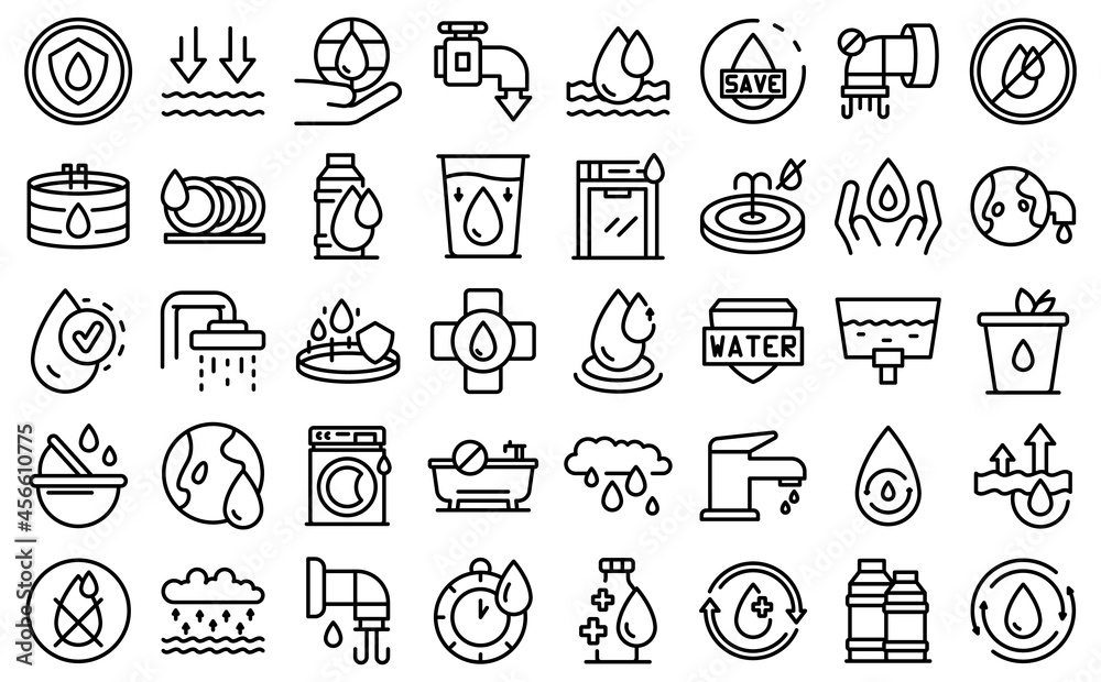 Save water icons set outline vector. Drink drop. Fountain fresh