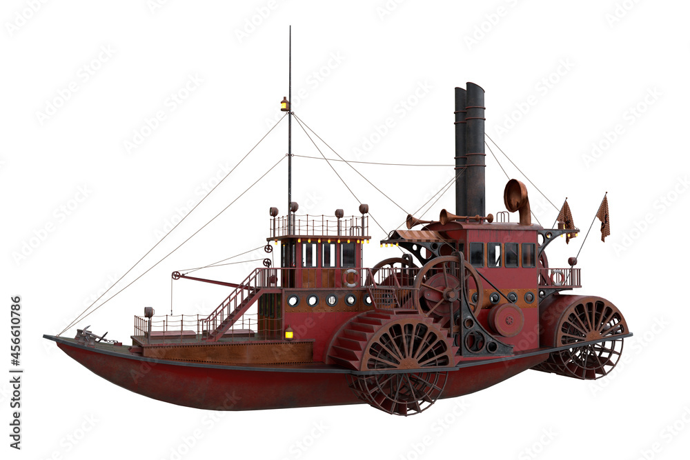 Fototapeta premium 3D rendering of a Steampunk styled paddle steamer boat isolated on a white background.