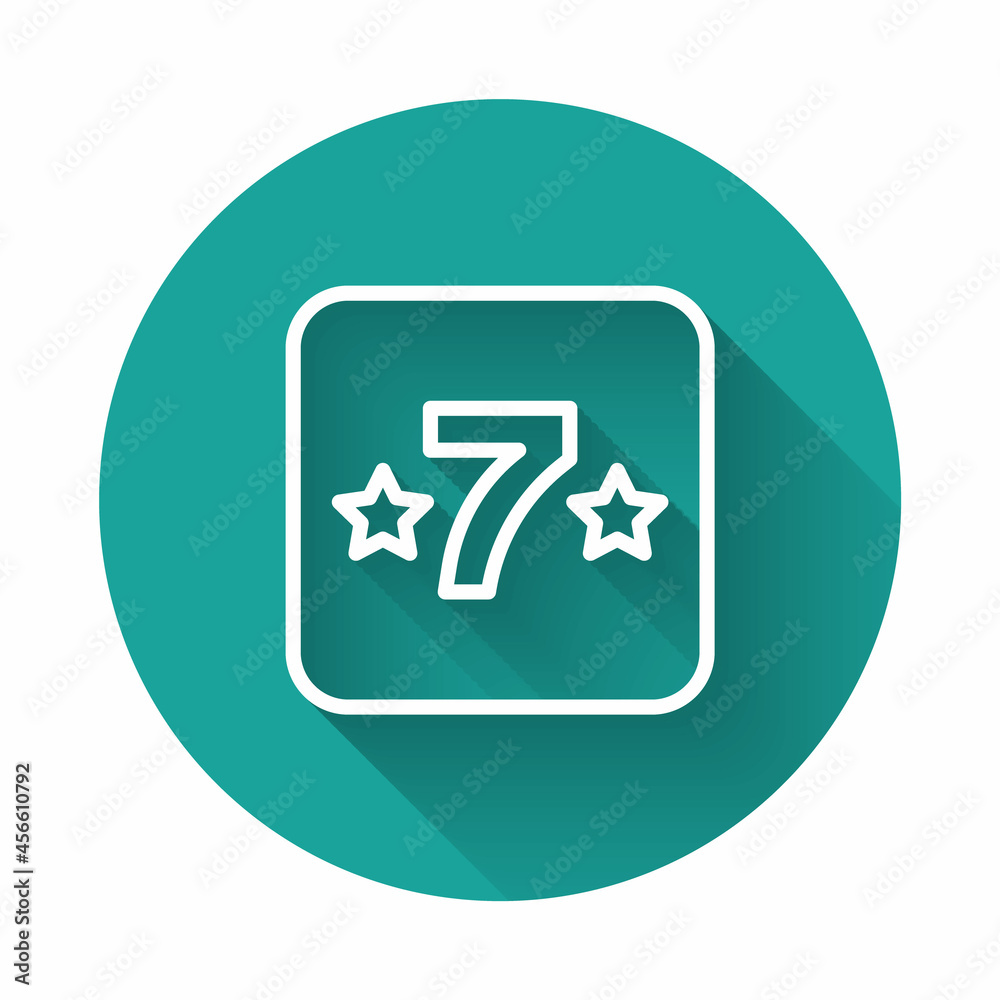 White line Casino slot machine with clover symbol icon isolated with long shadow background. Gambling games. Green circle button. Vector