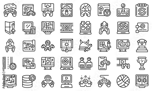 Gameplay icons set outline vector. Internet app. Computer competition
