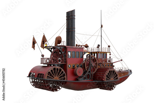 Tableau sur toile Rear view 3D rendering of a Steampunk styled paddle steamer boat isolated on a white background