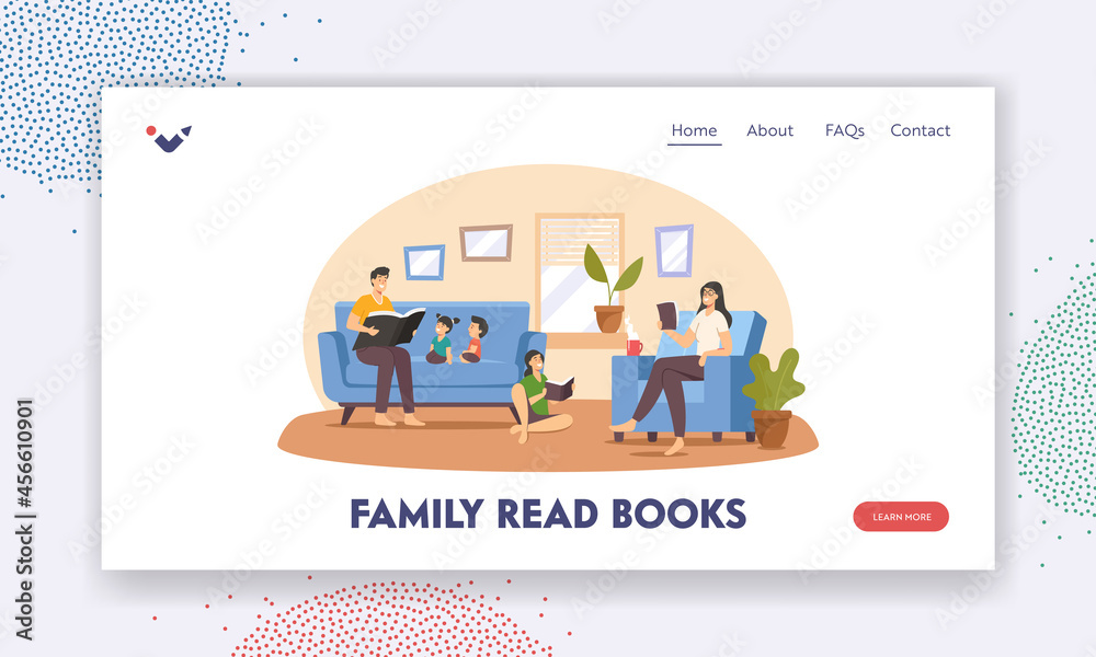 Happy Family Reading at Home Landing Page Template. Father, Mother and Children Characters Sitting on Couch with Books