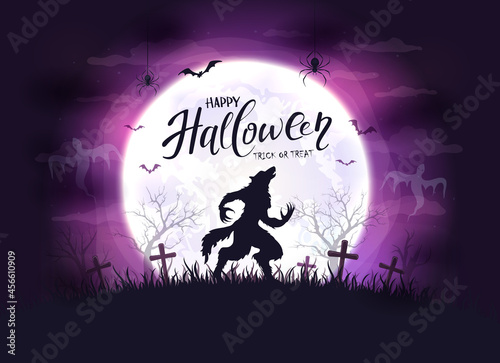 Purple Halloween Background with Werewolf
