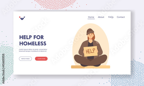 Help for Homeless Landing Page Template. Bum in Ragged Clothes Sitting on Ground Begging Money Holding Banner Need Help