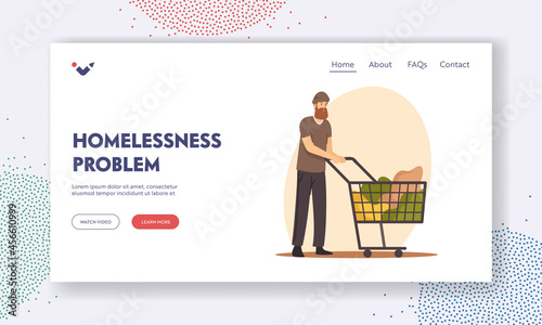 Homelessness Problem Landing Page Template. Beggar Male Character Wearing Ragged Clothing Pick Up Garbage on Street
