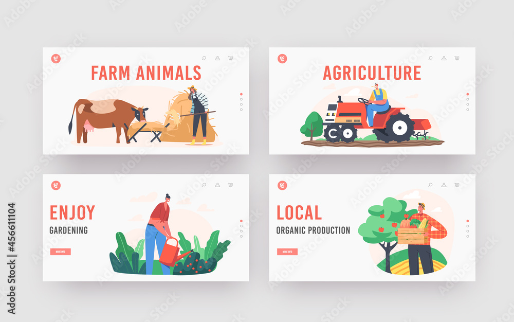 Farmers Doing Farming Job Landing Page Template Set. People Feed Cow and Fowl, Care of Domestic Animals at Livestock
