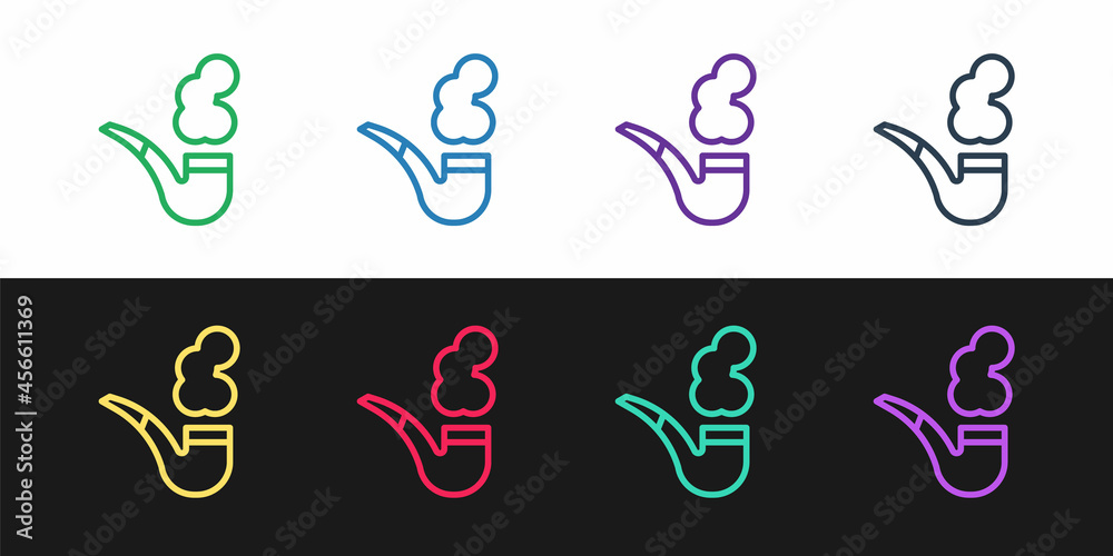 Set line Smoking pipe with smoke icon isolated on black and white background. Tobacco pipe. Vector
