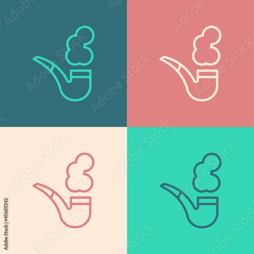 Pop art line Smoking pipe with smoke icon isolated on color background. Tobacco pipe. Vector