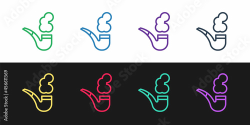 Set line Smoking pipe with smoke icon isolated on black and white background. Tobacco pipe. Vector