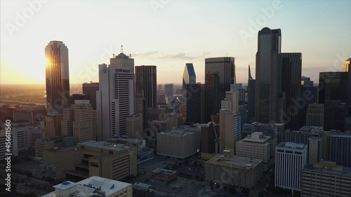 4K Aerial shot of Dallas downtown Skyline sunset pan move