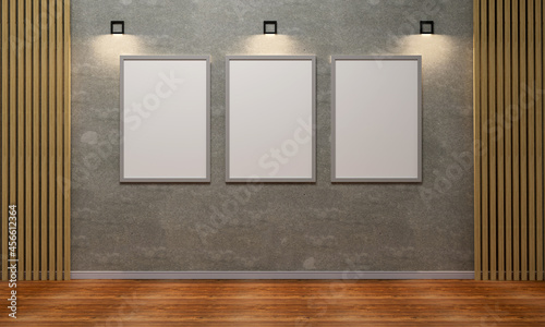 empty room with concrete wall and mockup frames, 3d rendering